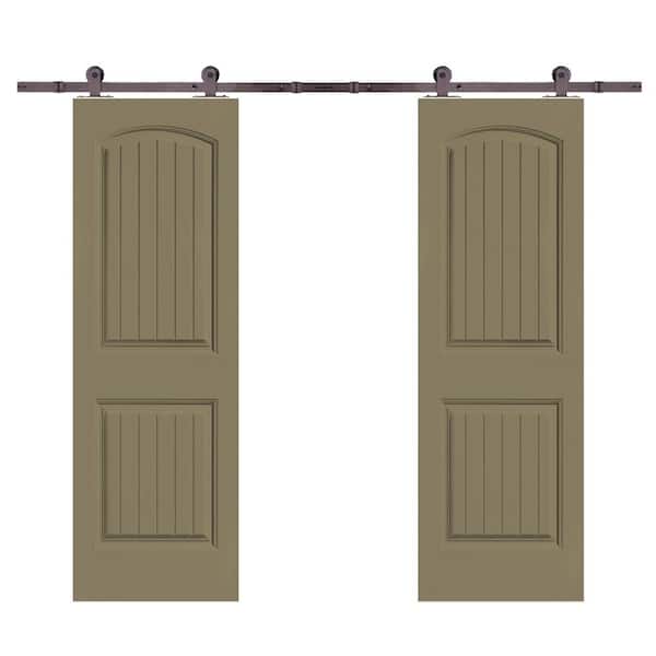 CALHOME 36 in. x 80 in. Camber Top in Olive Green Stained Composite MDF Split Sliding Barn Door with Hardware Kit