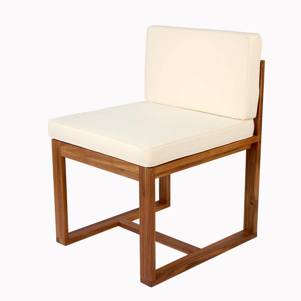 Set of 2 Patio Dining Chairs, Teak Acacia Wood Frame and Beige Cushion, Dur