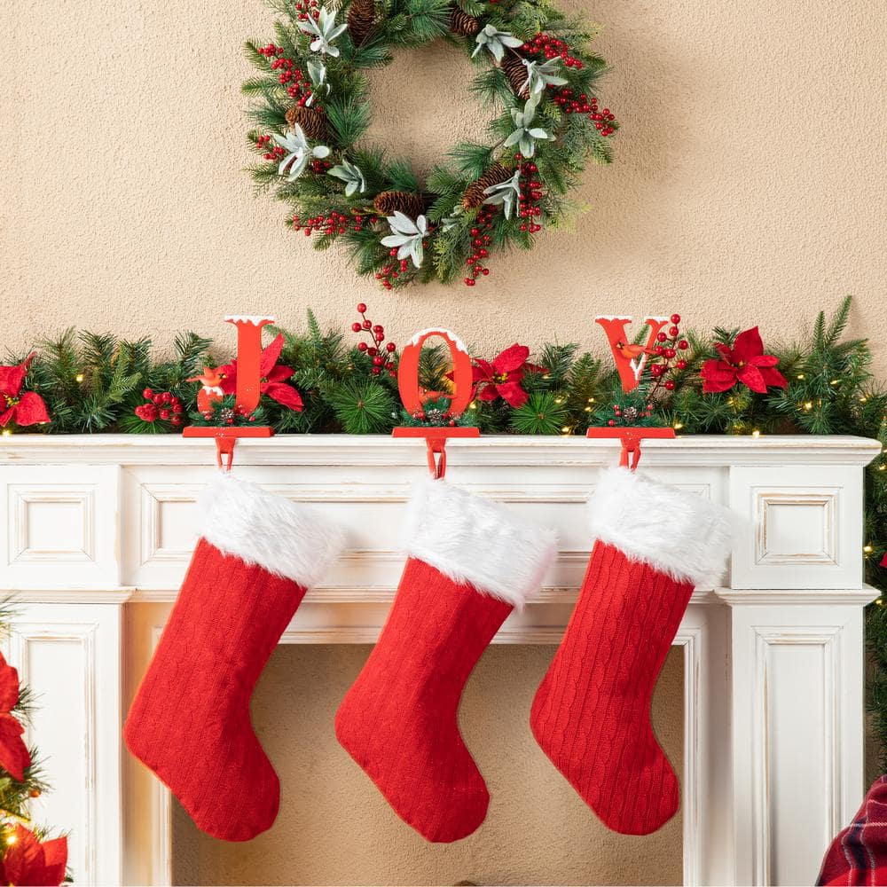 Red Metal JOY Christmas Stocking Holders with Cardinals