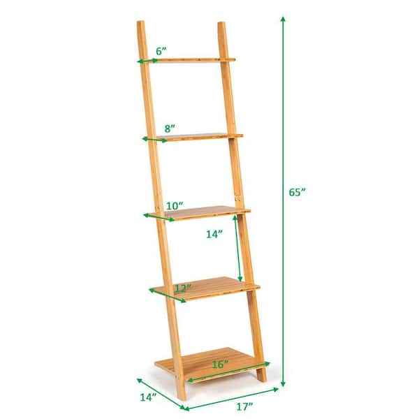 65 in. 5-Tier Natural Ladder Shelf Modern Bamboo Leaning Bookshelf Ladder Bookcase Open Display
