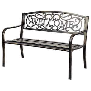 2-Person 50 in. W Bronze Rust-resist Steel Outdoor Garden Bench, Welcome Pattern, 500 lbs. Weight Capacity