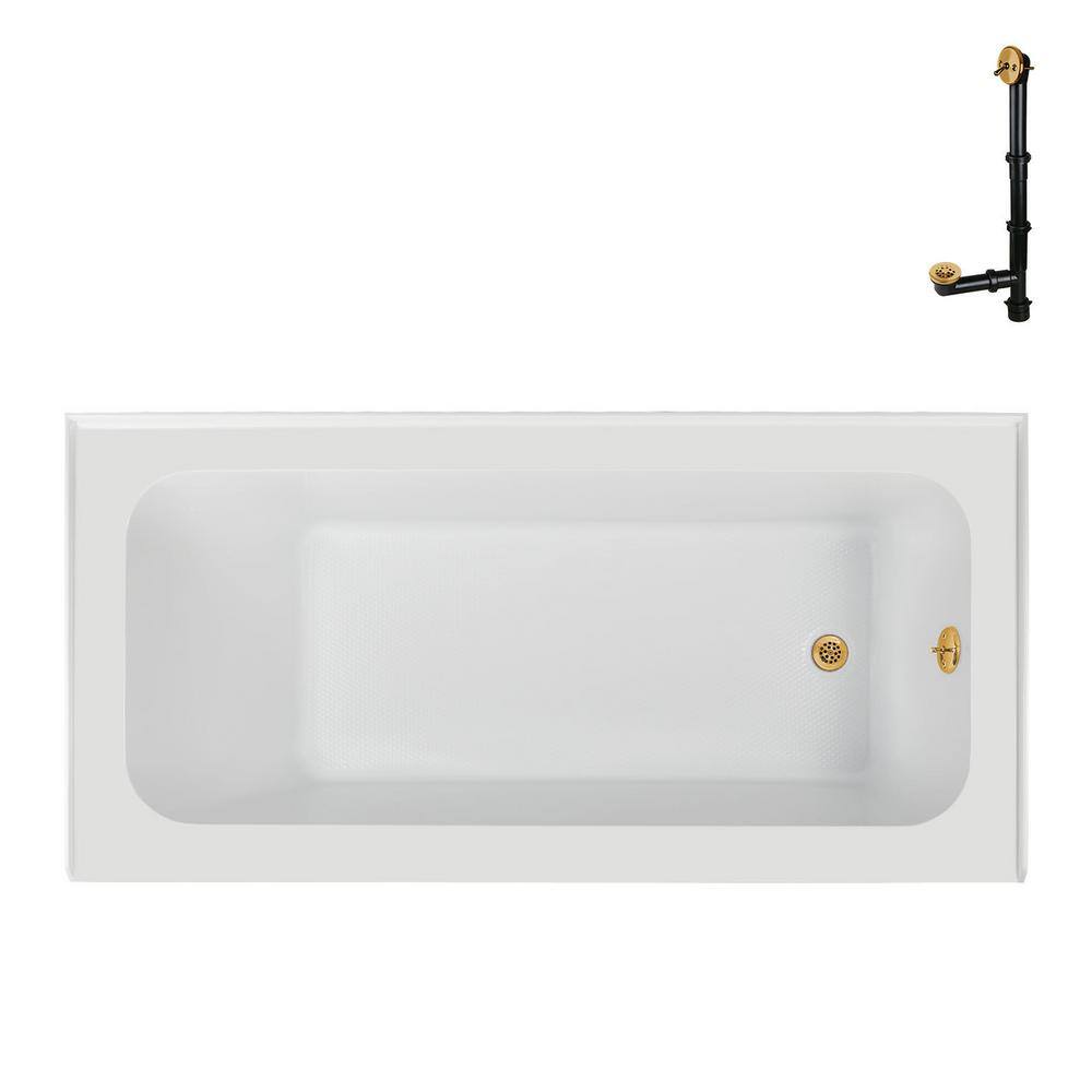 Glossy White Acrylic Alcove Bathtub with Brushed Gold Drain