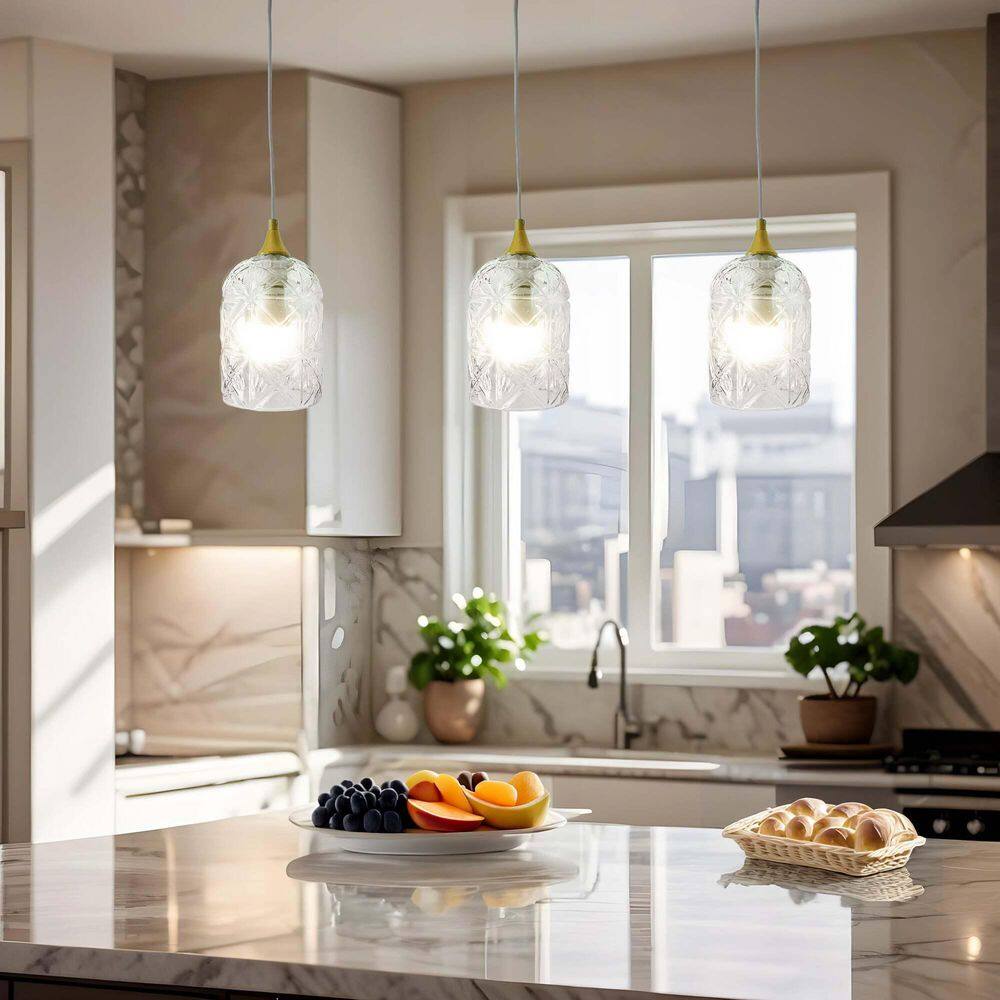 25-Watt 1-Light Gold Pendant Light with Clear Drum Ethed Glass Shade, E26 Bulb Not Included price history on PriceWatchPro