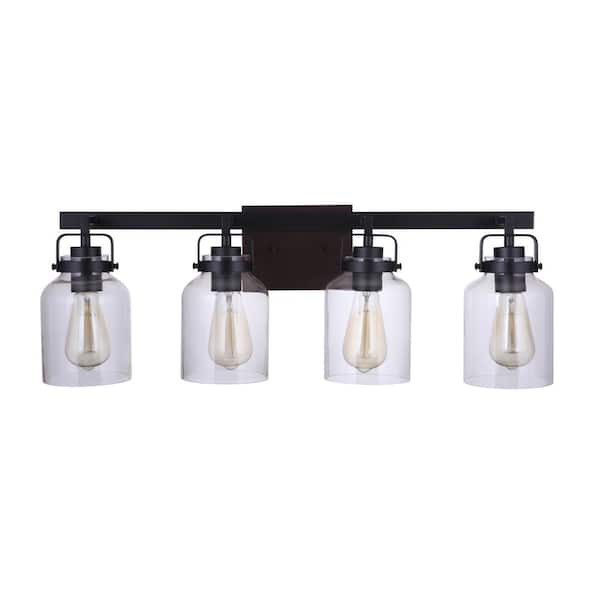 Foxwood 28.88 in. 4-Light Flat Black/Dark Teak Finish Vanity Light with Clear Glass