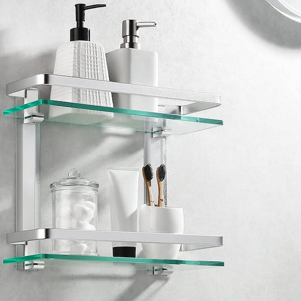 Corner Glass Shower Caddy 2 Pack 8MM-Thick Tempered Glass Shelf No Drilling  Wall Mount Corner Mounted Shelves Space Saver Adhesive Bathroom Home Shelf
