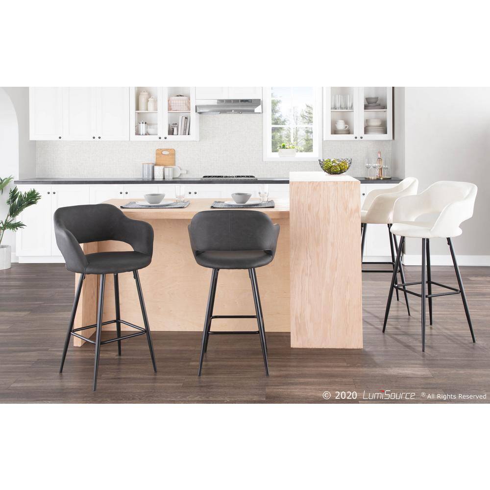 Set of 2 Gray Faux Leather Counter Stools with Black Metal Legs