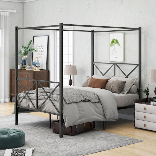 GODEER 77.95 in. W Black Full Metal Canopy Bed Frame, Platform Bed Frame with X Shaped Frame