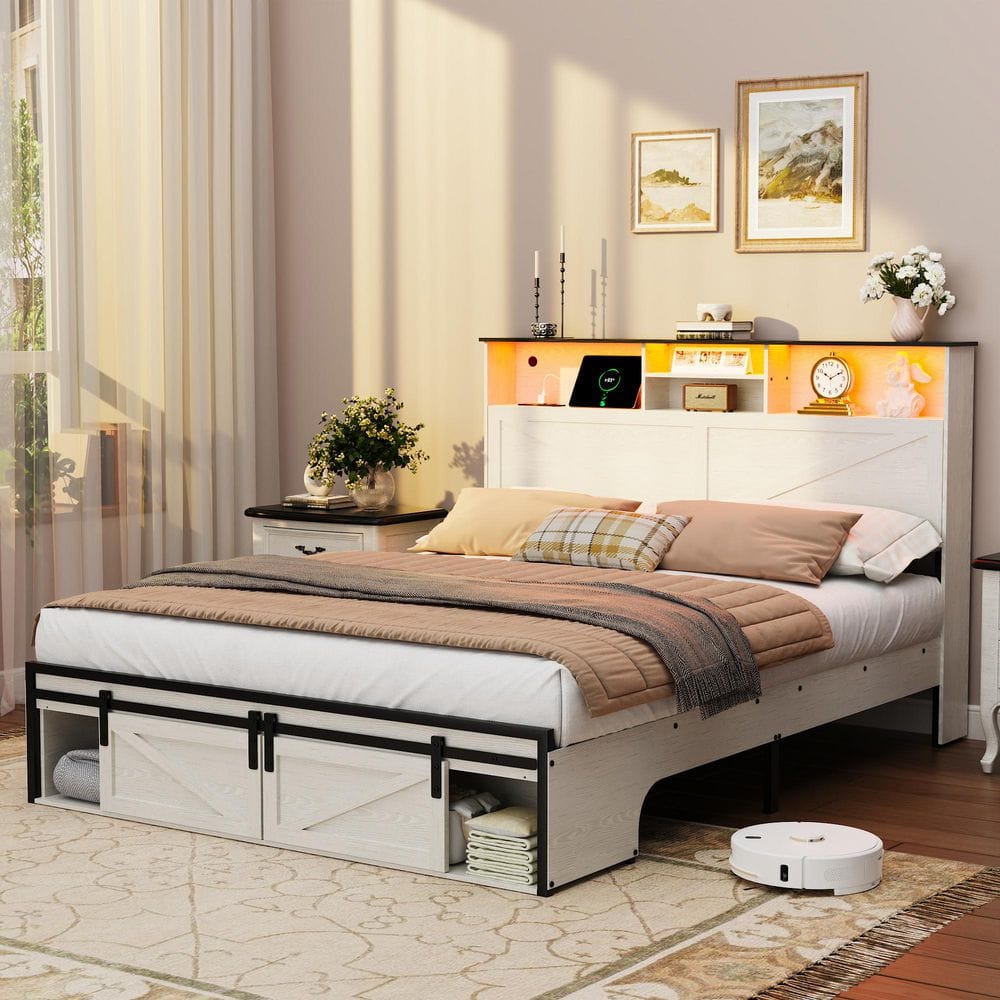 White Steel Frame Queen Panel Bed with Storage Shelves, Panel Platform Bed with Charging Station, Footboard Drawer