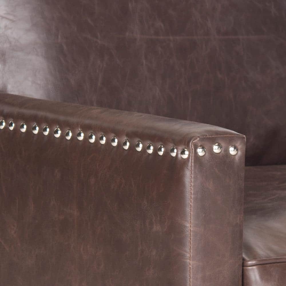 Espresso Birch Wood & Antique Brown Faux Leather Arm Chair
