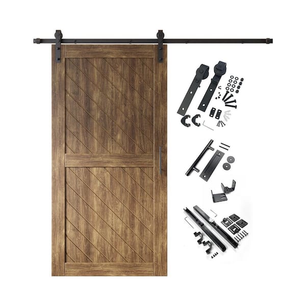 HOMACER XT2 40 in. x 80 in. C-Panel Dark Walnut Slanted Stripe Design Solid Pine Wood Sliding Barn Door with Hardware Kit
