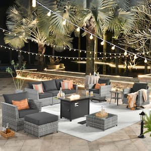 Eufaula Gray 10-Piece Wicker Outdoor Patio Fire Pit Conversation Sofa Set with Swivel Rocking Chairs and Black Cushions
