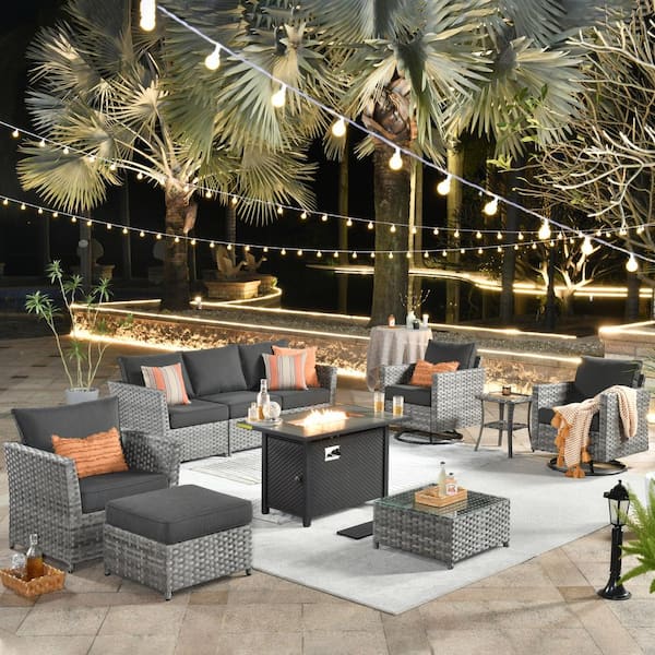 Toject Eufaula Gray 10-Piece Wicker Outdoor Patio Fire Pit Conversation Sofa Set with Swivel Rocking Chairs and Black Cushions