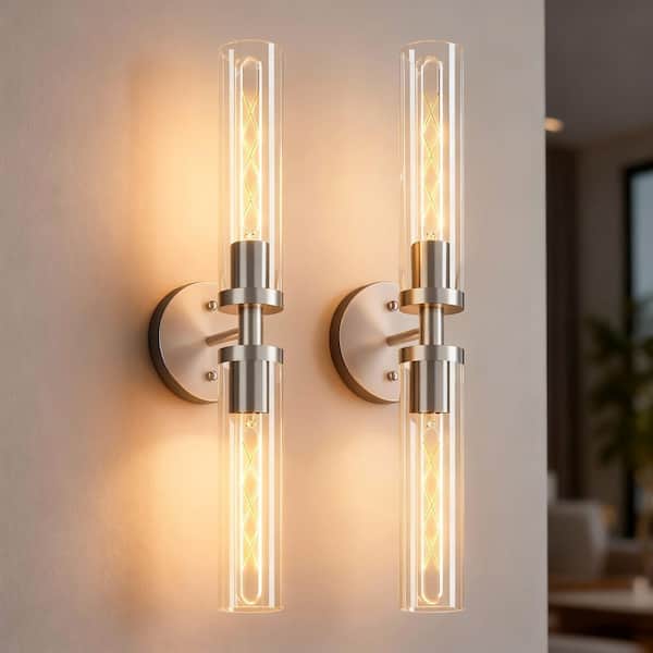 5 in. x 22 in. 2-Light Brushed Nickel Wall Sconce, Clear Glass Vanity Light(Set of 2) for Bathroom, Living Room, Bedroom