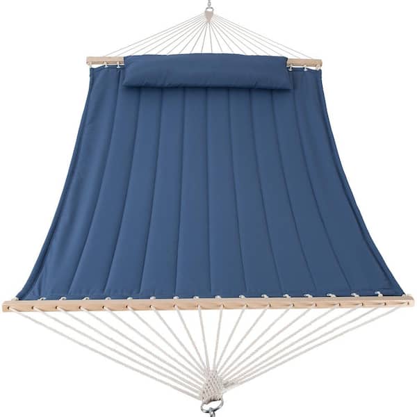 12-15 ft Quilted Double 2-Person Hammock with Hardwood Spreader Bar and Pillow in Blue