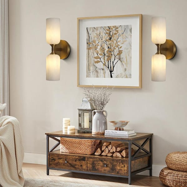 14 in. 2 Light Antique Brass Wall Sconce Alabaster Modern Marble Bathroom Vanity Wall Sconce for Hallway Foyer (2-Piece)