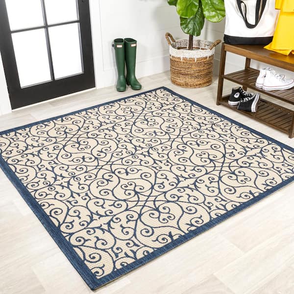Madrid Vintage Filigree Textured Weave Navy/Beige 5 ft. Square Indoor/Outdoor Area Rug