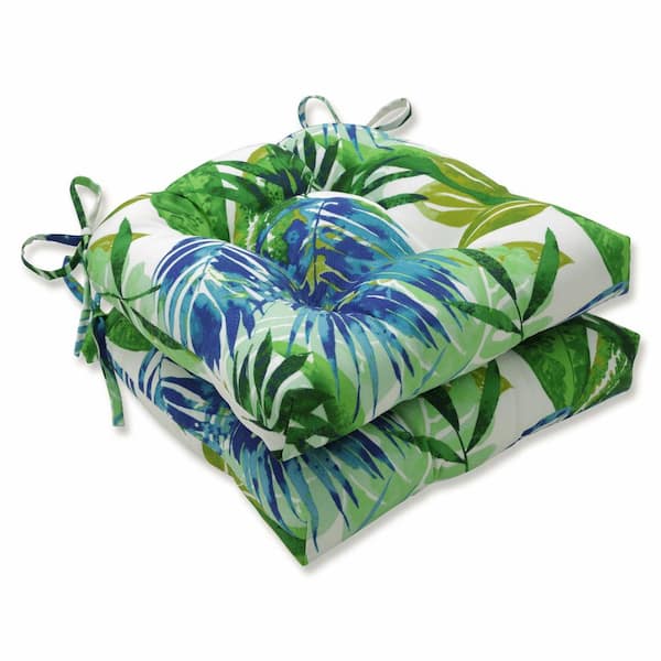 Pillow Perfect Floral 17.5 in. x 17 in. Outdoor Dining Chair Cushion in Blue/Green (Set of 2)