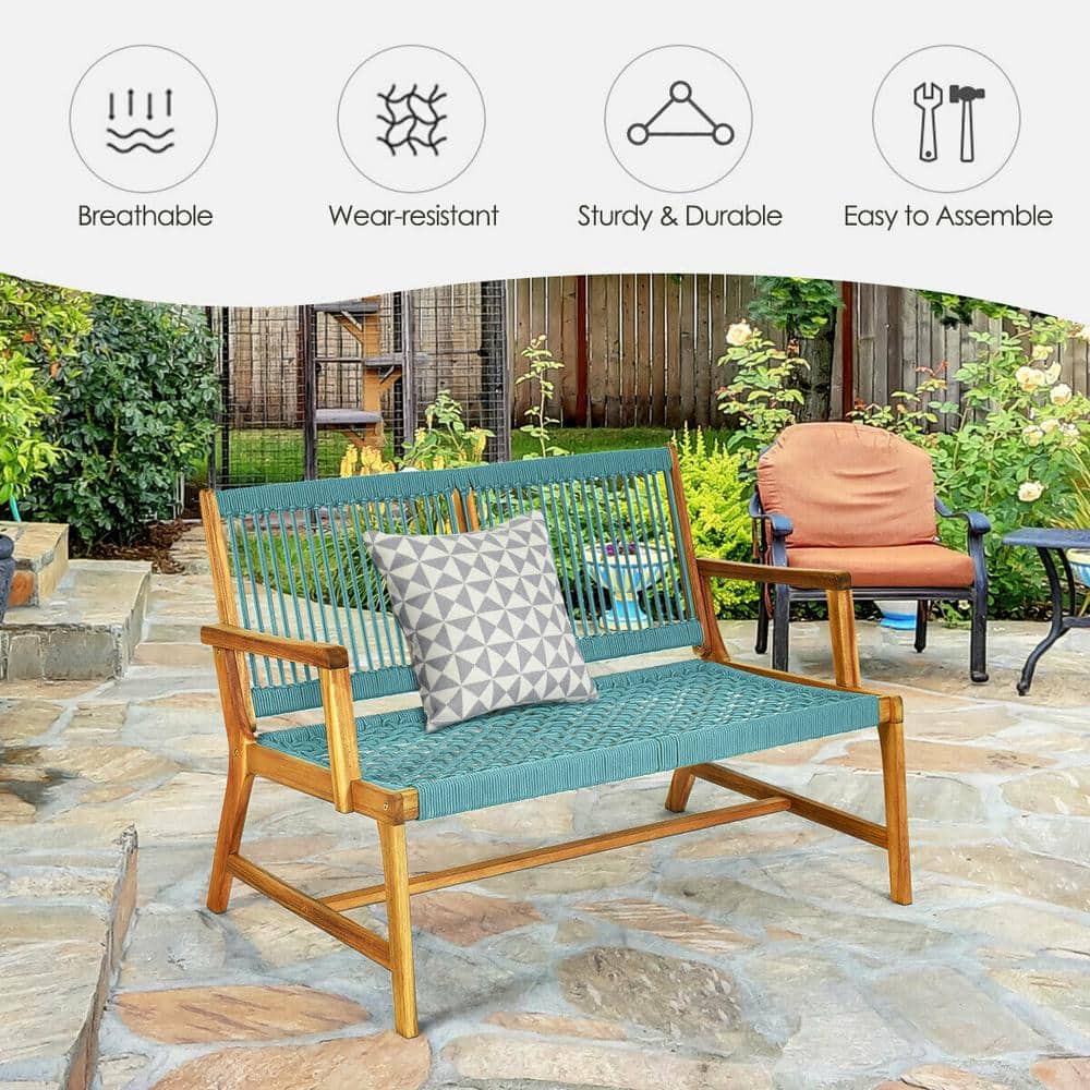 Turquoise Acacia Wood and Rope 2-Person Outdoor Bench
