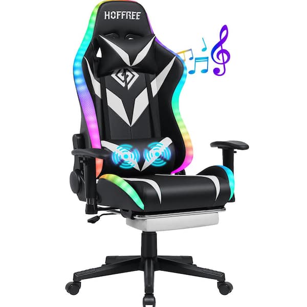 Hoffree Faux Leather Massage LED Reclining Ergonomic Gaming Chair in White with Bluetooth Speakers and Adjustable Armrest
