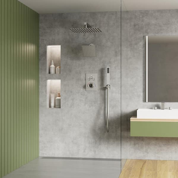 Thermostatic 7-Spray Wall Mount 12 in. and 6 in. Dual Shower Head and Handheld Shower Head 2.5 GPM in Brushed Nickel