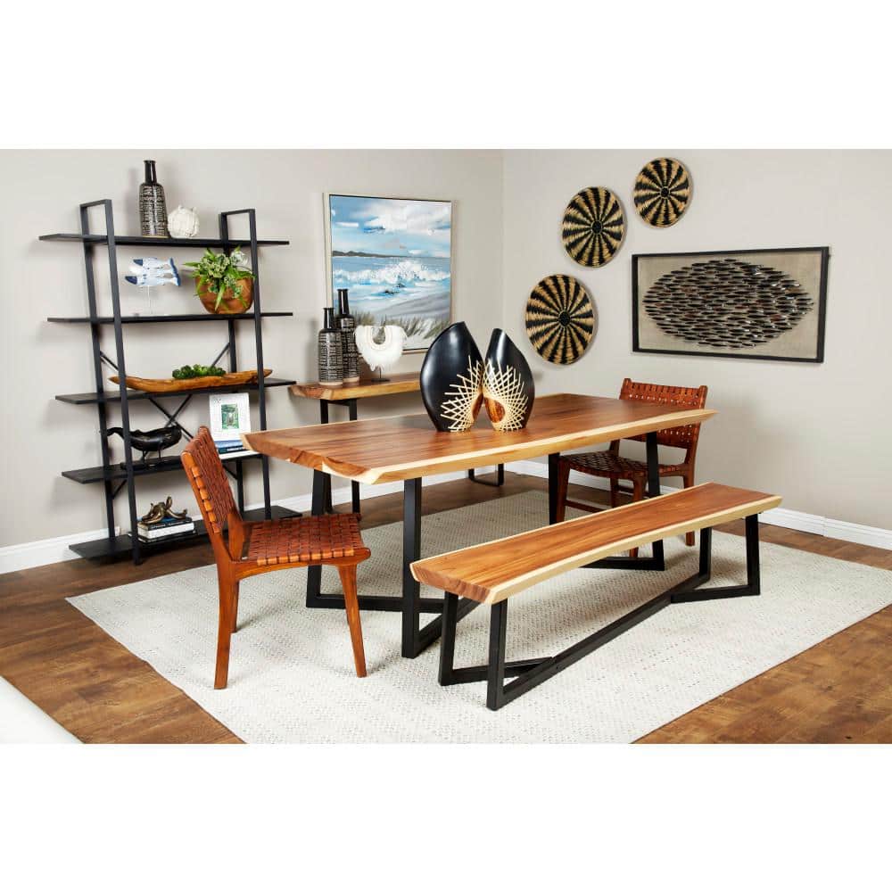 Contemporary Brown Wood Dining Table with Black Metal Base