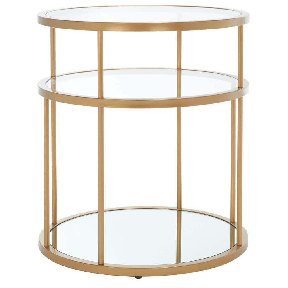 Gold and Clear Round Metal Glass Accent Table with Shelves