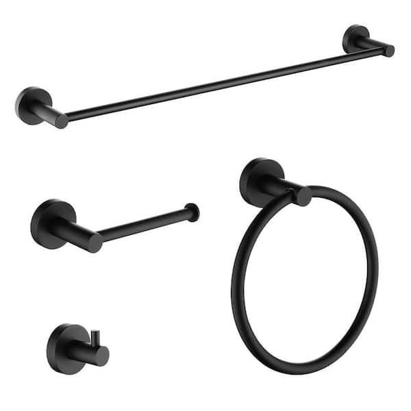 4-Piece Matte Black Bathroom Accessories Set with Towel Bar Towel Hook Toilet Paper Holder and Towel Ring