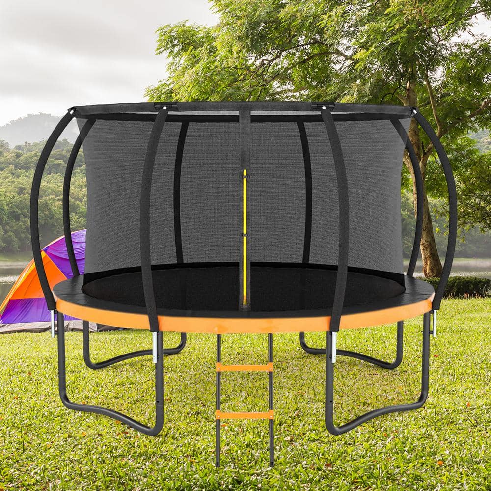 12 FT Black and Orange Outdoor Trampoline with Safety Enclosure and Ladder