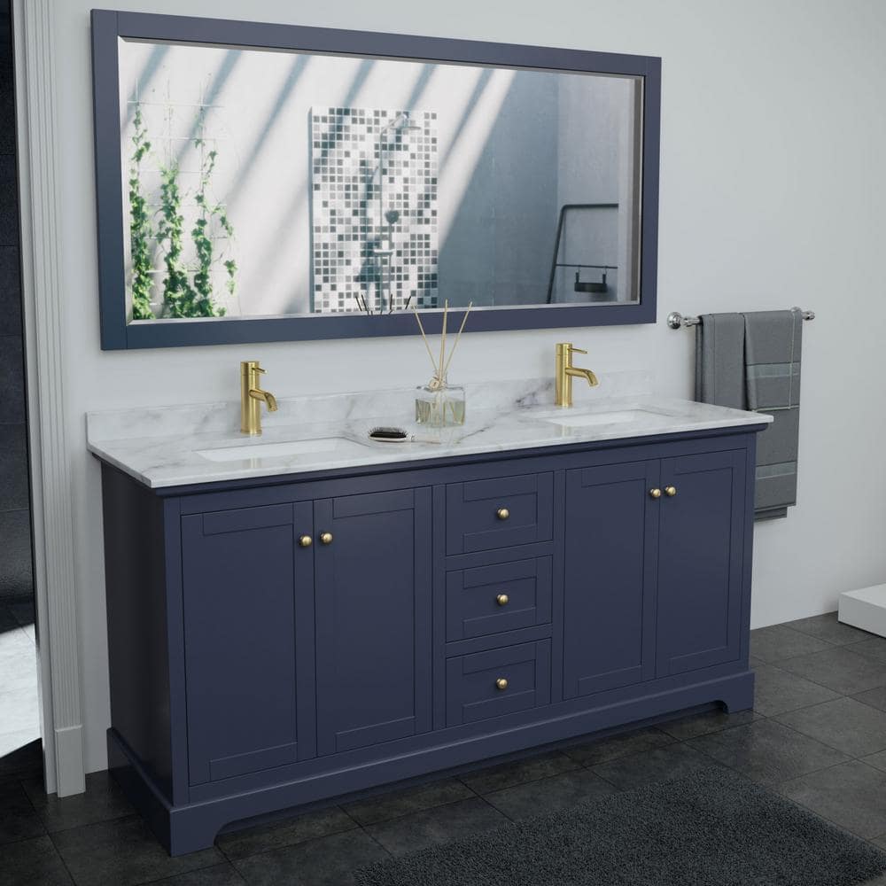 Avery 72" Dark Blue Vanity with White Carrara Marble Top and Mirror