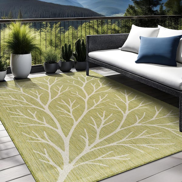Flora Olive 5 ft. x 7 ft. Coral Branch Washable Indoor Outdoor Area Rug