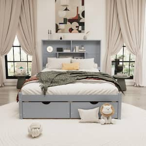 Gray Wood Frame Queen Size Platform Bed with Storage Headboard and Drawer