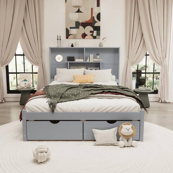 Qualler Gray Wood Frame Queen Size Platform Bed with Storage Headboard ...