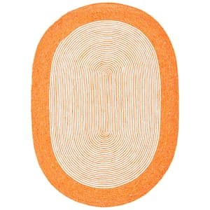 Braided Orange Ivory 4 ft. x 6 ft. Border Striped Oval Area Rug