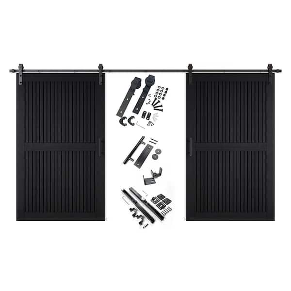 ST 50 in. x 84 in. C-Panel Black Vertical Stripe Design Double Pine Wood Sliding Barn Door with Hardware Kit