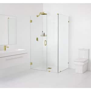 34.5 in. W x 34 in. D x 78 in. H Pivot Frameless Corner Shower Enclosure in Satin Brass Finish with Clear Glass