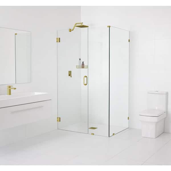 Glass Warehouse 34 in. W x 44.5 in. D x 78 in. H Pivot Frameless Corner Shower Enclosure in Satin Brass Finish with Clear Glass