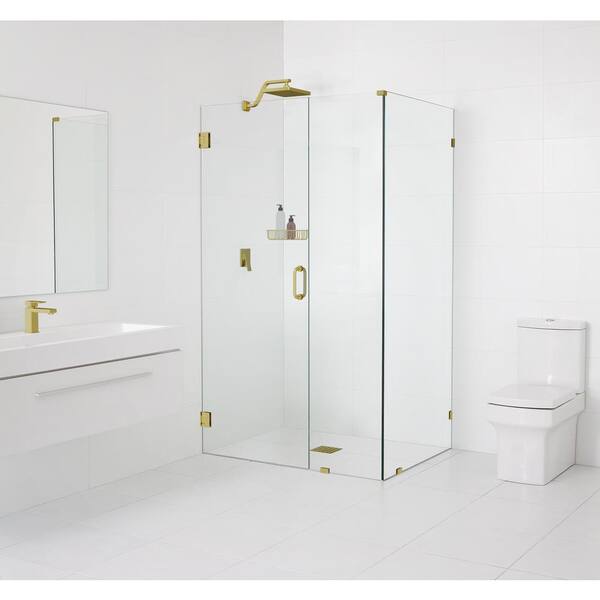 Glass Warehouse 41 in. W x 45.5 in. D x 78 in. H Pivot Frameless Corner Shower Enclosure in Satin Brass Finish with Clear Glass