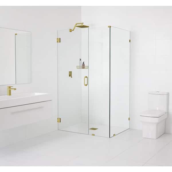 Glass Warehouse 58 in. W x 34 in. D x 78 in. H Pivot Frameless Corner Shower Enclosure in Satin Brass Finish with Clear Glass