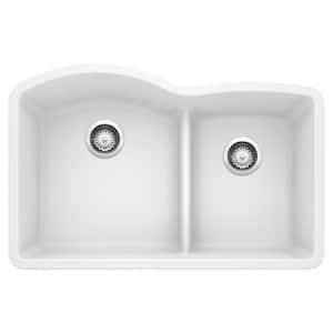 DIAMOND SILGRANIT White Granite Composite 32 in. Double Bowl Undermount Kitchen Sink with Low Divide