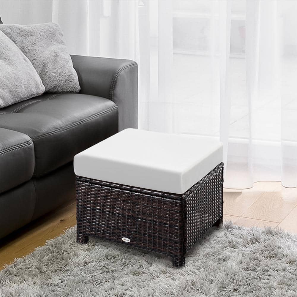 Handwoven PE Rattan 52cm Outdoor Ottoman with Cream Soft Cushion