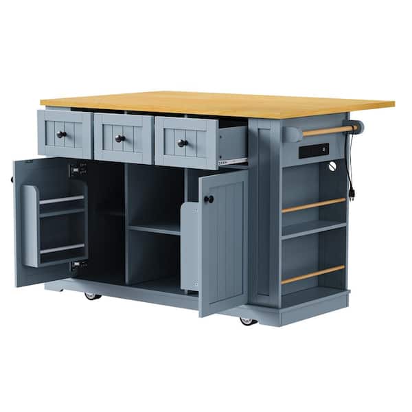 tunuo Kitchen Island Blue Wood 53 in. Large Kitchen Island with 2 Bar Stools in Blue