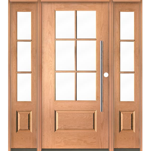 Krosswood Doors Farmhouse Faux Pivot 64 in. x 80 in. 6-Lite Left-Hand/Inswing Clear Glass Teak Stain Fiberglass Prehung Front Door w/DSL