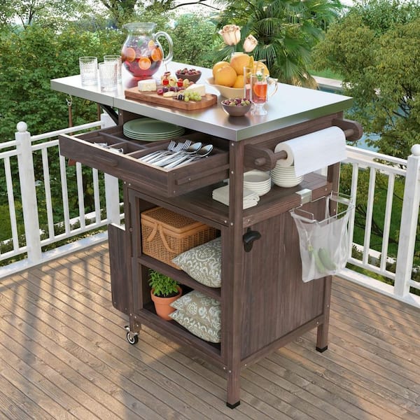 Runesay Rustic Brown Steel 40.5 in. Outdoor Drop Leaf Kitchen Island Patio Grill Cart with Lockable Wheels and One Drawer
