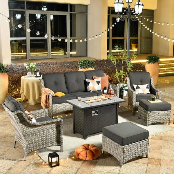 Toject Eureka 6-Piece Modern Wicker Outdoor Patio Conversation Sofa Seating Set with Metal Fire Pit and Black Cushions