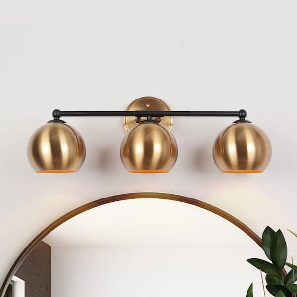 Zevni Vintage 22.5 in. 3-Light Brass Gold Bathroom Vanity Light, Modern Black DIY Wall Sconce with Globe Metal Shade