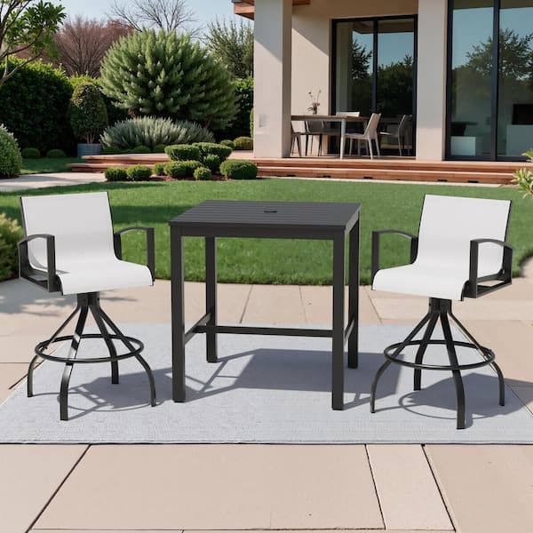 3-Piece Square Aluminum Outdoor Dining Set with 35.4 in. Table and Oyster Sunreblla Swivel Bar Stool