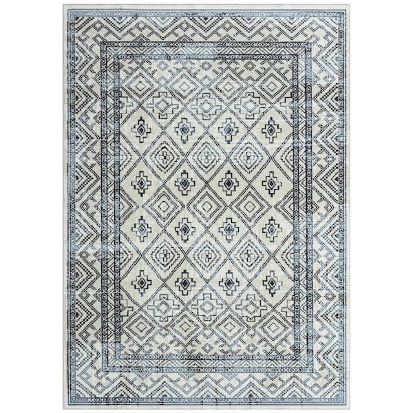 Everwash Treasure Cambria Beige/Navy Blue 6 ft. x 9 ft. Geometric Machine Washable Runner Area Rug