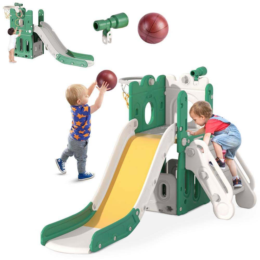 Green and Yellow L-Shaped 7-in-1 Toddler Slide with Basketball Hoop