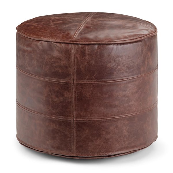 Simpli Home Connor Boho Round Pouf in Distressed Brown Genuine Leather ...