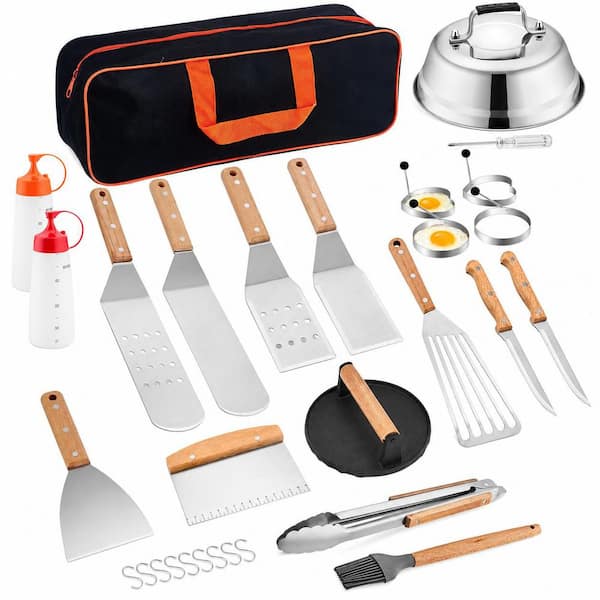 20 Piece Stainless Steel Flat Top Grill Accessories Kit with Wood Handles for Outdoor BBQ and Griddle Cooking